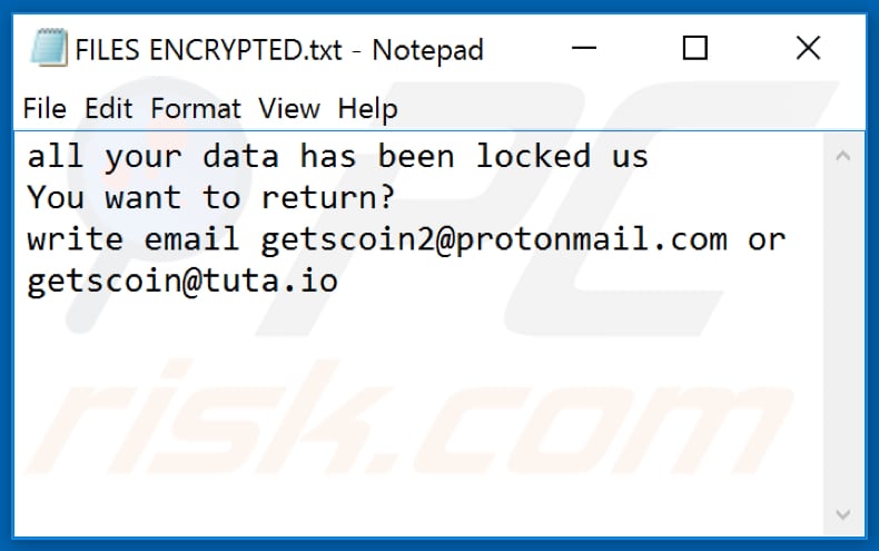 ficheiro de texto do ransomware GET (FILES ENCEYPTED.txt)