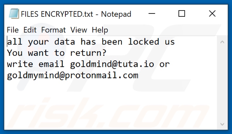Ficheiro de texto do ransomware Gold (FILES ENCRYPTED.txt)