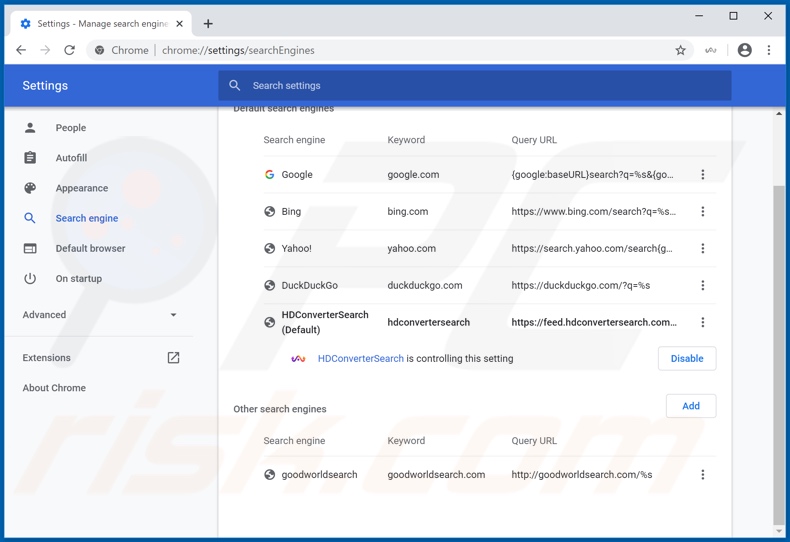 Removendo hdconvertersearch.com do mecanismo de pesquisa padrão do Google Chrome