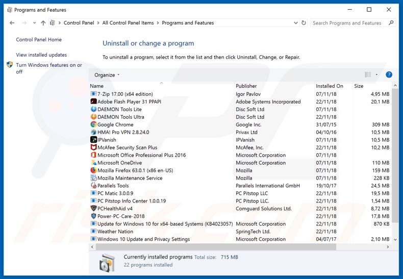 Desinstalação do sequestrador de navegador hdconvertersearch.com através do painel de controlo