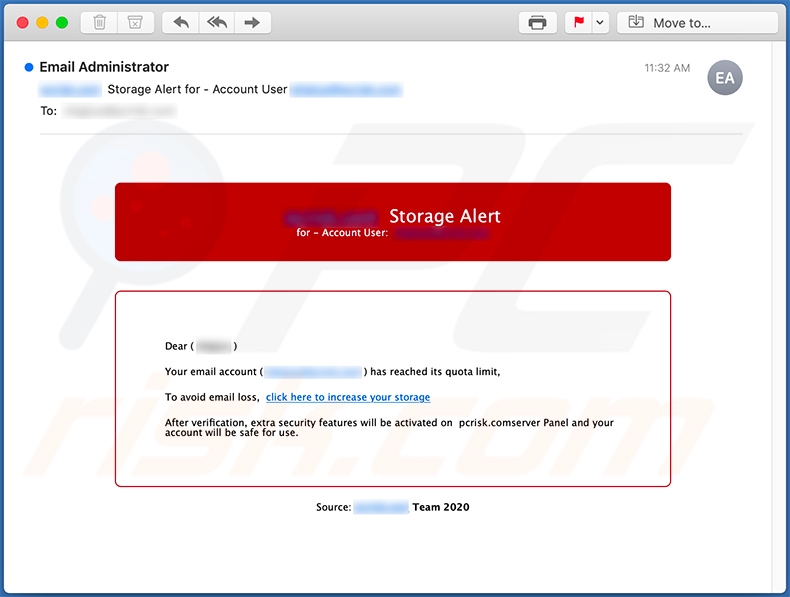 E-mail de spam com o tema Mail Quota usado para promover sites de phishing (19/08/2020)