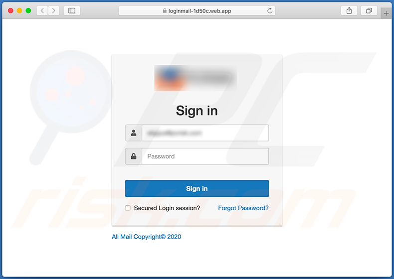 Site de phishing promovido por e-mail de spam com o tema Mail Quota