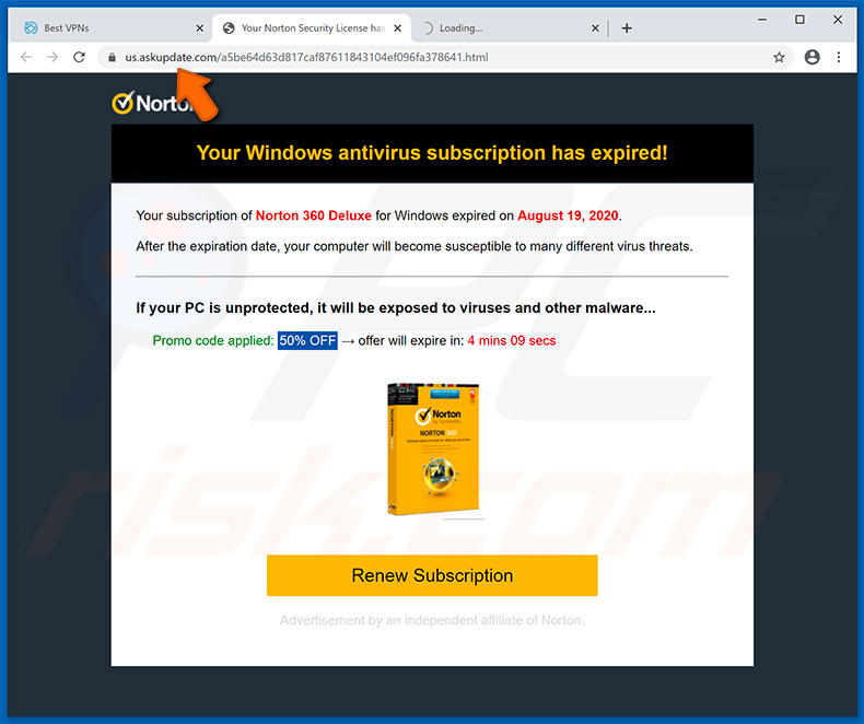 pop-up da fraude Norton Subscription Has Expired Today exibida pelo site us.askupdate.com