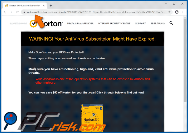 site antivirusfit.co a exibir o pop-up da fruade Norton Subscription Has Expired Today