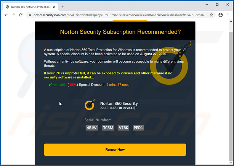 pop-up da fraude Norton Subscription Has Expired Today exibido pelo site devicesecurityscan.com