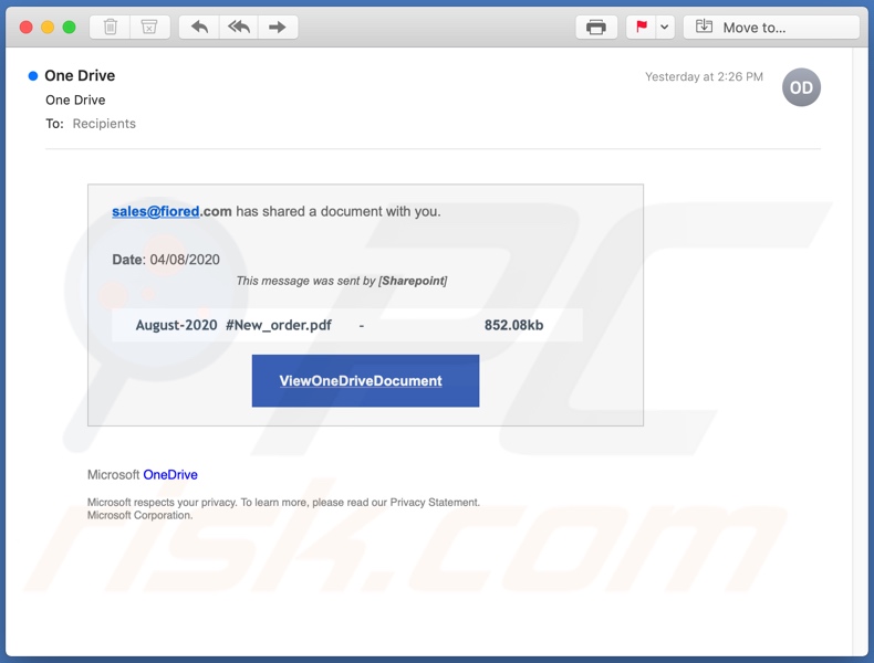 Falsa campanha de spam por e-OneDrive Email