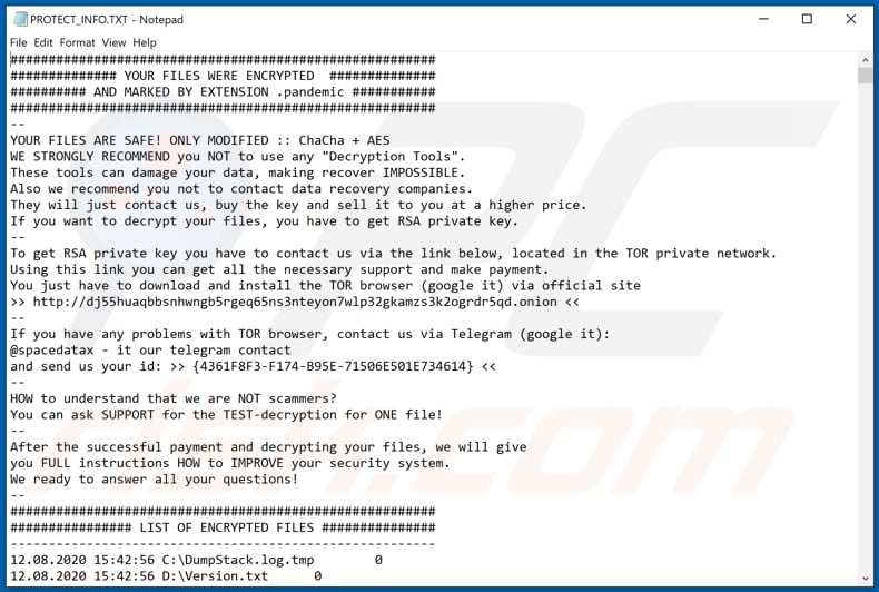 Instruções de desencriptação pandemic (PROTECT_INFO.TXT)