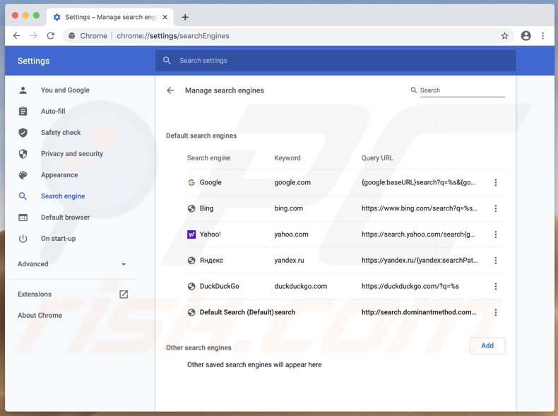 search.dominantmethod.com definido como padrão por ConnectionIndexer nos navegadores Chrome
