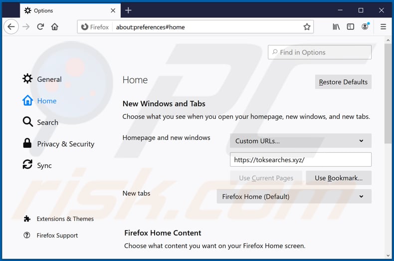 Removendo toksearches.xyz da página inicial do Mozilla Firefox