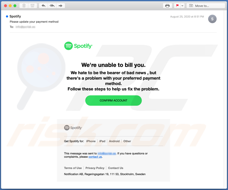 campanha de spam por email Spotify Email Scam