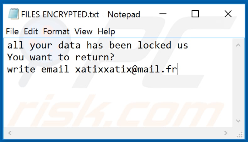Ficheiro de texto do ransomware Xati (FILES ENCRYPTED.txt)