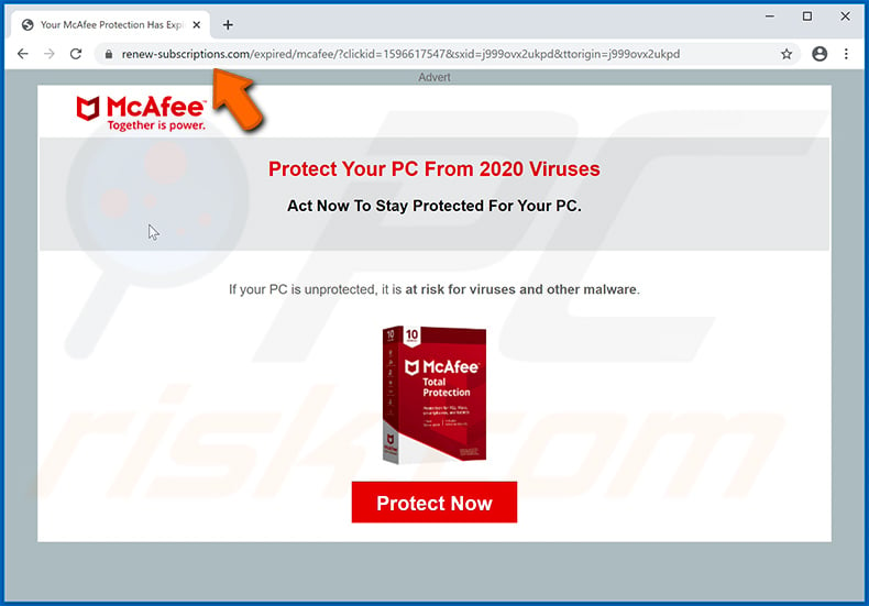 fraude pop-up Your McAfee Subscription Has Expired exibida pelo site renew-subscriptions.com