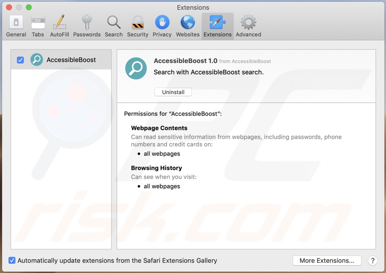 Adware AccessibleBoost instalado no Safari