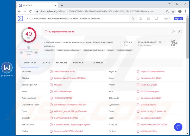 Detecções de malware BLADABINDI no VirusTotal