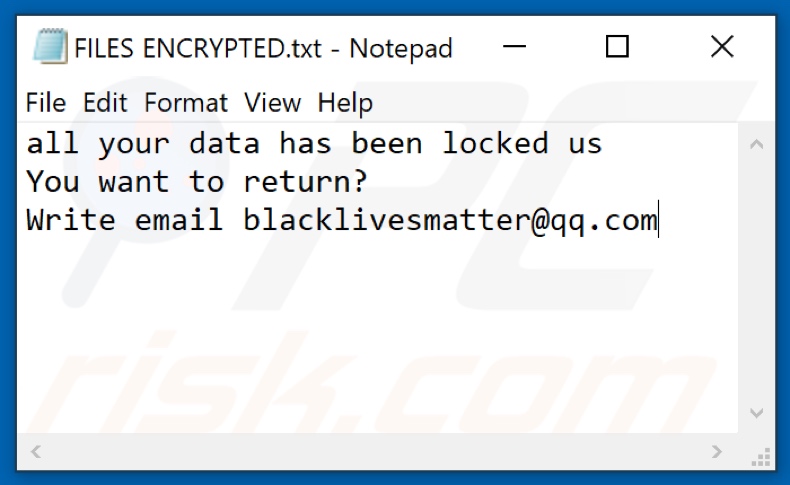 Ficheiro de texto do ransomware Blm (FILES ENCRYPTED.txt)