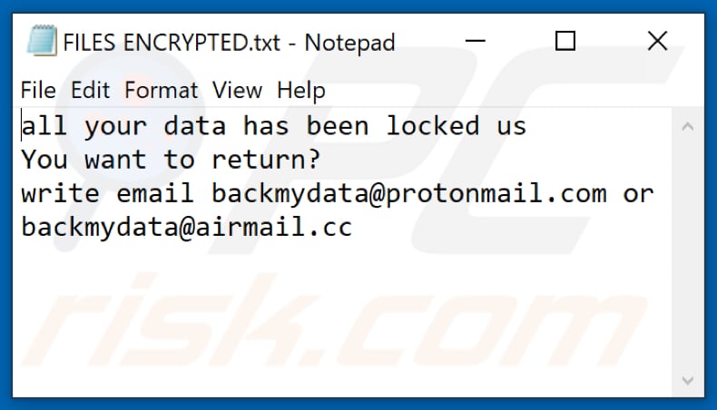 Ficheiro de texto do ransomware Bmd (FILES ENCRYPTED.txt)