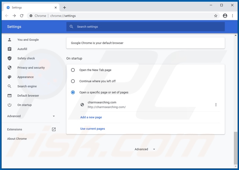 Removendo charmsearching.com da página inicial do Google Chrome