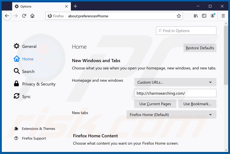 Removendo charmsearching.com da página inicial do Mozilla Firefox