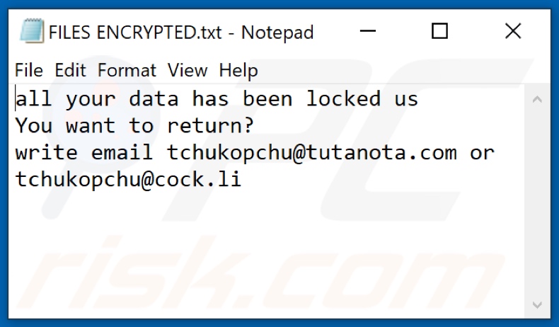 Ficheiro de texto de ransomware Chuk (FILES ENCRYPTED.txt)