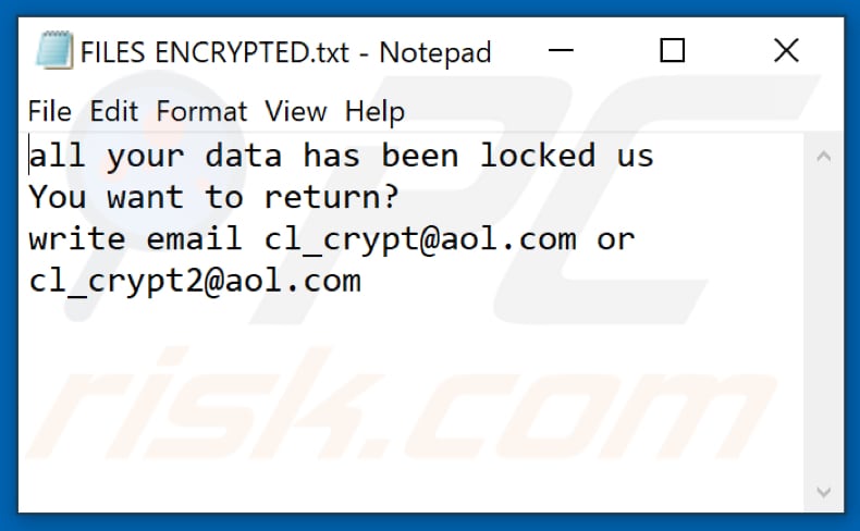 Ficheiro de texto Cl ransomware (FILES ENCRYPTED.txt)