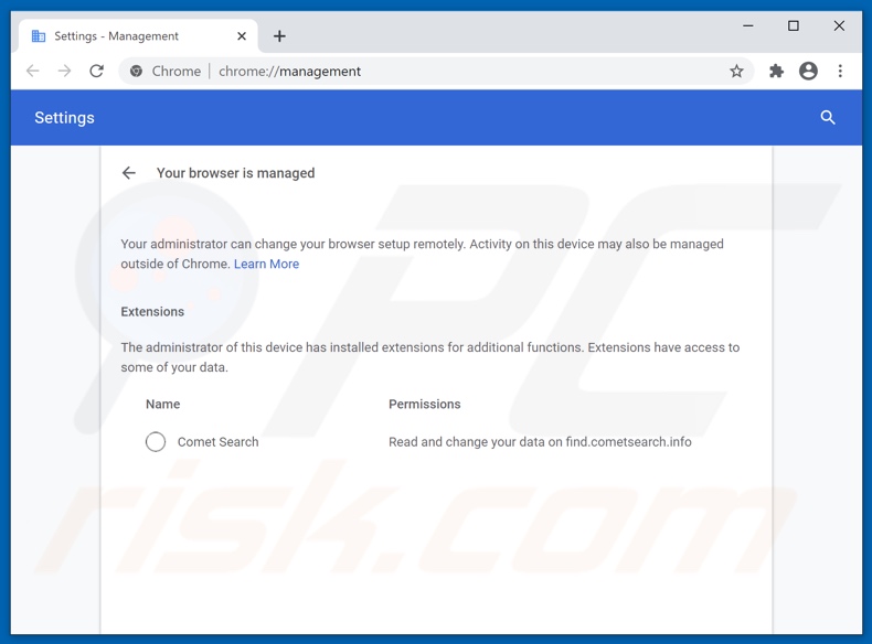 O sequestrador de navegador do Comet Search adicionou o recurso Managed by your organization ao Chrome