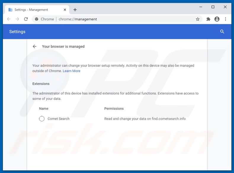 O sequestrador de navegador do Comet Search adicionou o recurso Managed by your organization ao Chrome