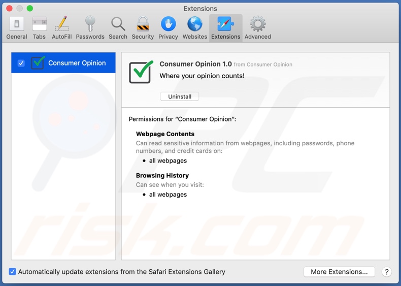 Adware Consumer Opinion instalado no Safari