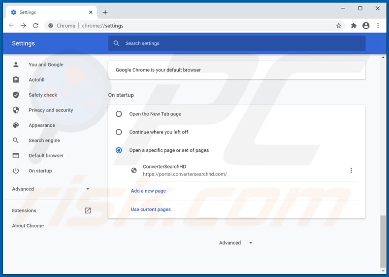 Removendo convertersearchhd.com da página inicial do Google Chrome
