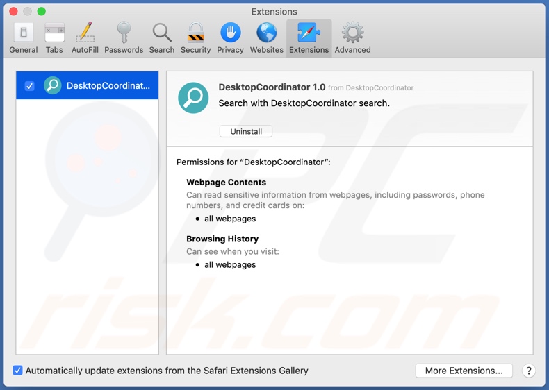 Adware DesktopCoordinator instalado no Safari