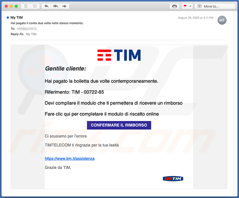 email de spam italiano usado para fins de phishing