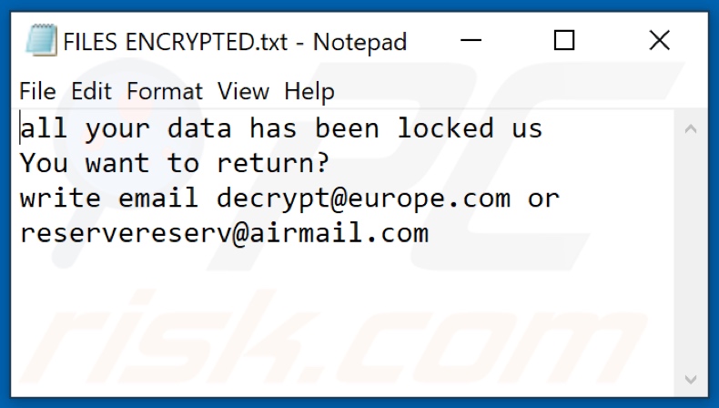 Ficheiro de texto do ransomware Eur (FILES ENCRYPTED.txt)