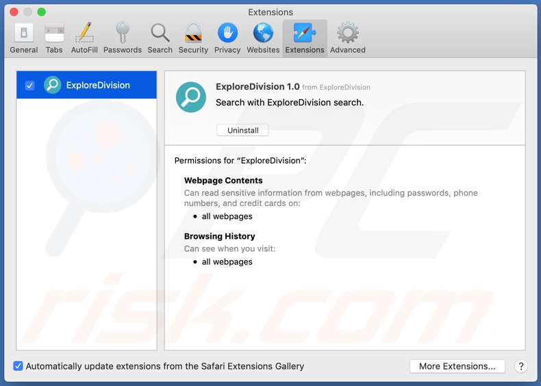 Adware ExploreDivision instalado no navegador Safari