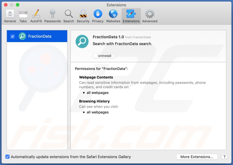 Adware FractionData instalado no Safari