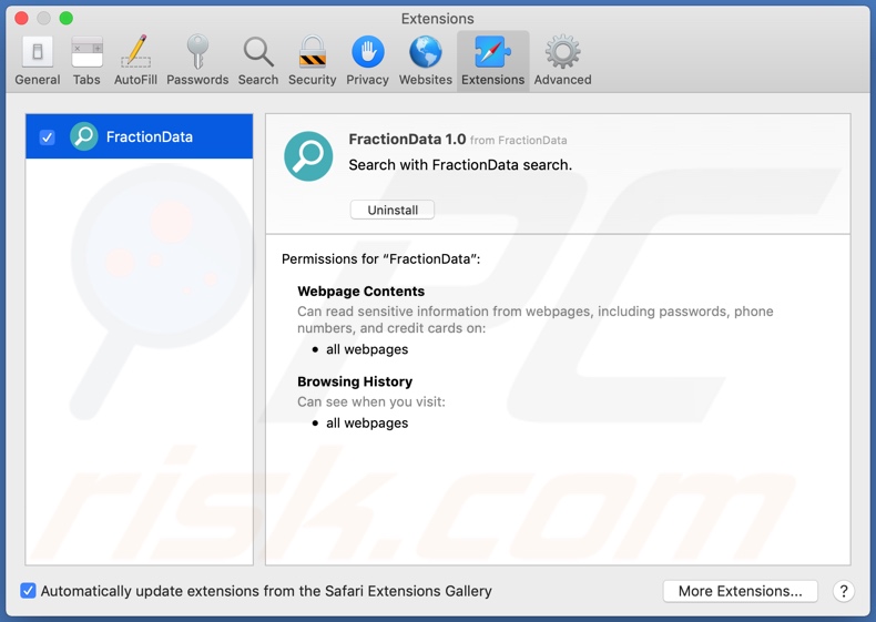 Adware FractionData instalado no Safari