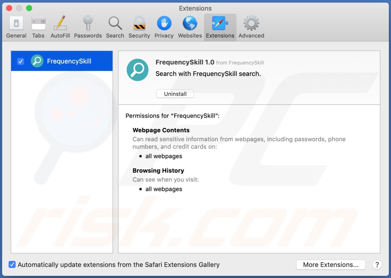 Adware FrequencySkill instalado no navegador Safari: