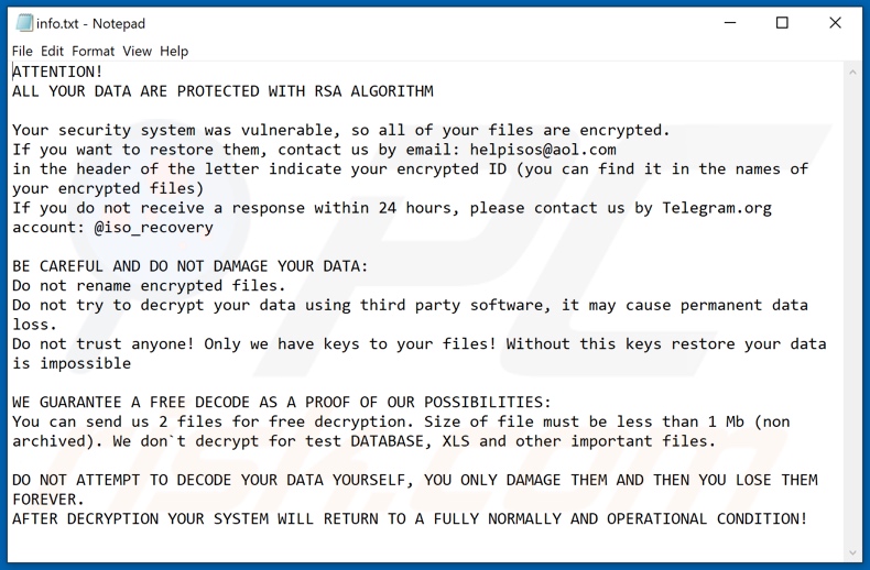 Ficheiro de texto do ransomware Isos (info.txt)