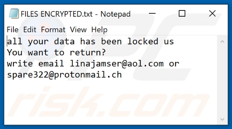Ficheiro de texto do ransomware Lina (FILES ENCRYPTED.txt)