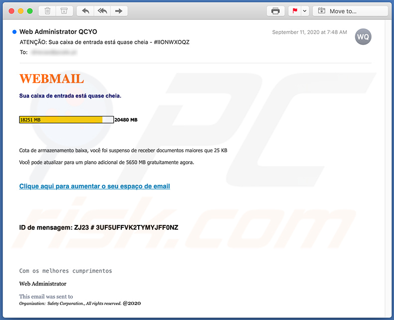 Email de spam com tema de Mail Quota  em português