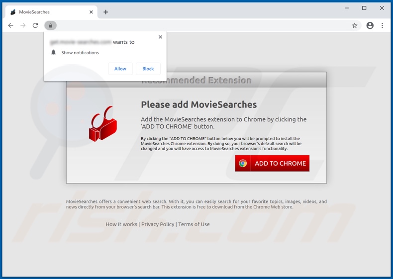 Site usado para promover o sequestrador de navegador MovieSearches