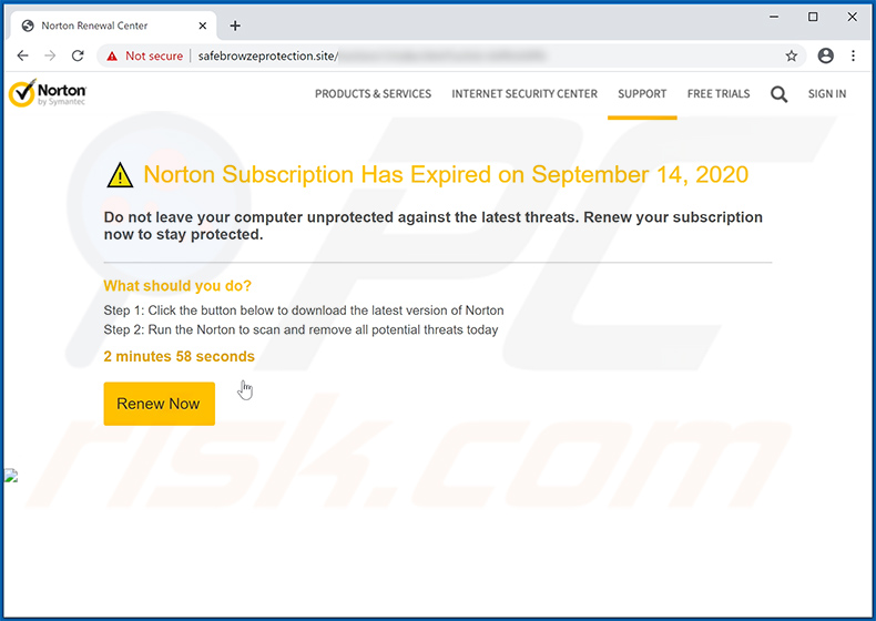 variante da fraude Norton Subscription Has Expired Today exibida pelo site safebrowzeprotection.site