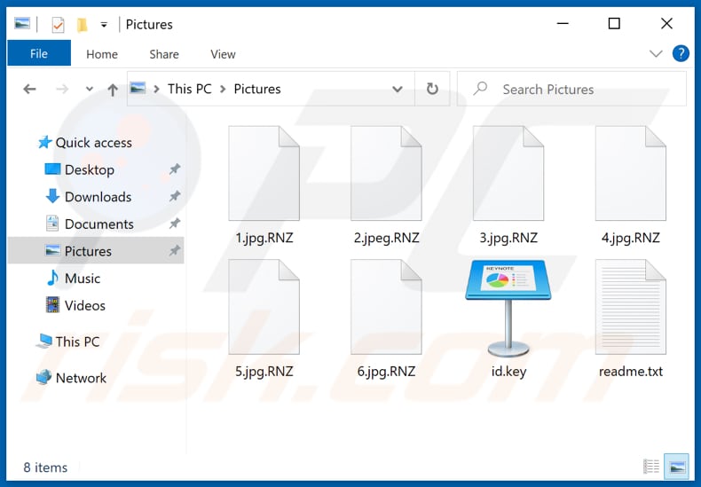 Ficheiros encriptados pelo ransomware Ranzy Locker (extensão .RNZ)