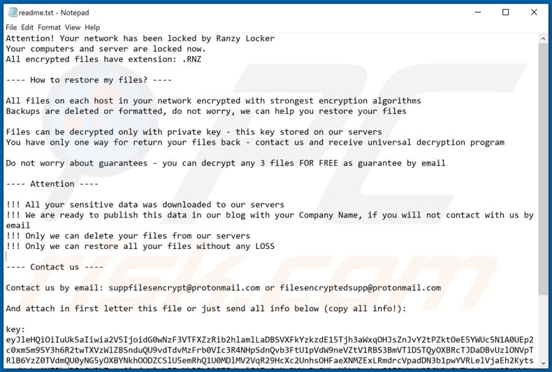 Instruções de desencriptação de Ranzy Locker (readme.txt)