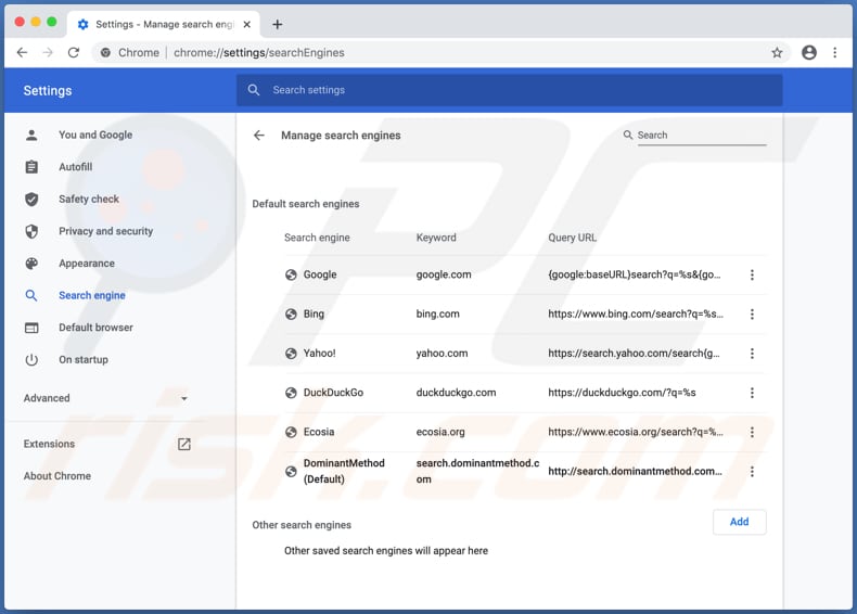 search.dominantmethod.com nas configurações modificadas do Chrome