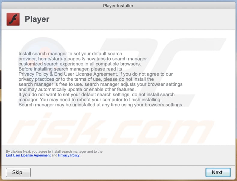 instalador falso do Adobe Flash Player usado para a promoção search.trustenviroment.com