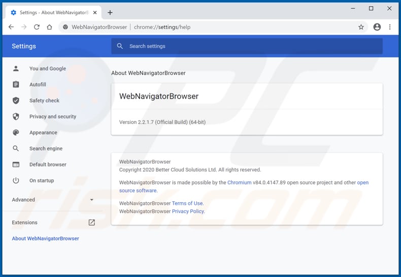 Redirecionamentos pop-up do WebNavigatorNavegador