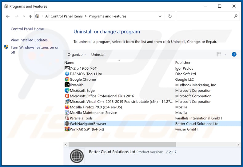 Desinstalação do adware WebNavigatorNavegador através do painel de controlo