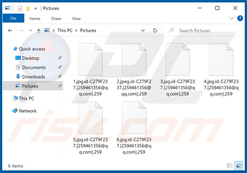Screenshot de ficheiros encriptados por 259 (extensão 