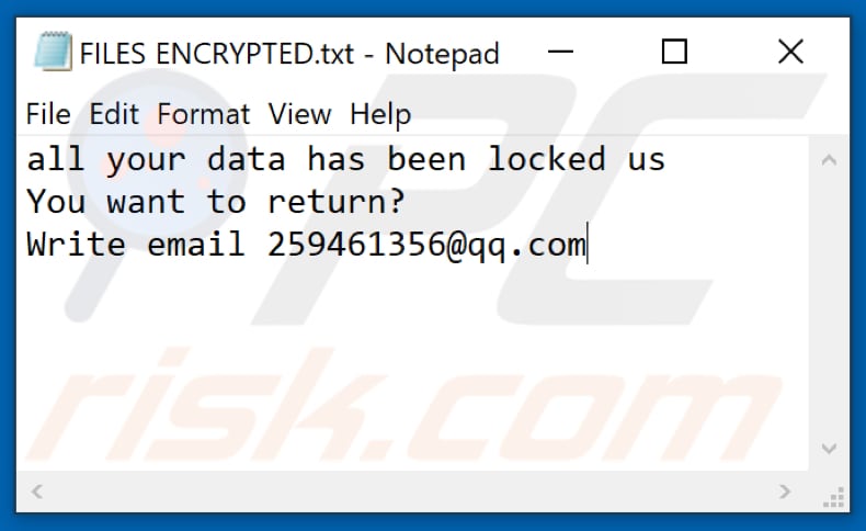 ficheiro de texto do ransomware 259 (FILES ENCRYPTED.txt)