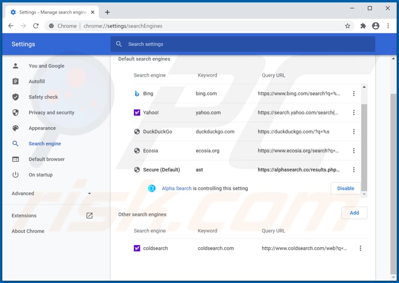 Removendo o alphasearch.co do motor de pesquisa padrão do Google Chrome