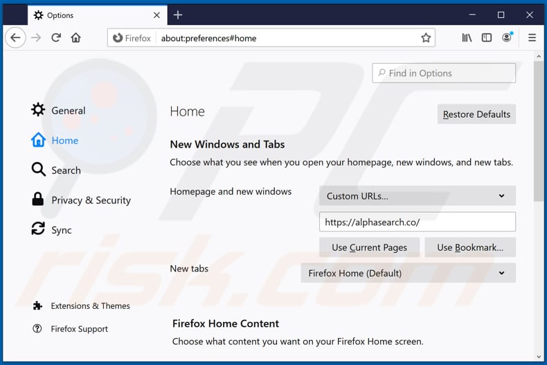 Removendo o alphasearch.co da página inicial do Mozilla Firefox